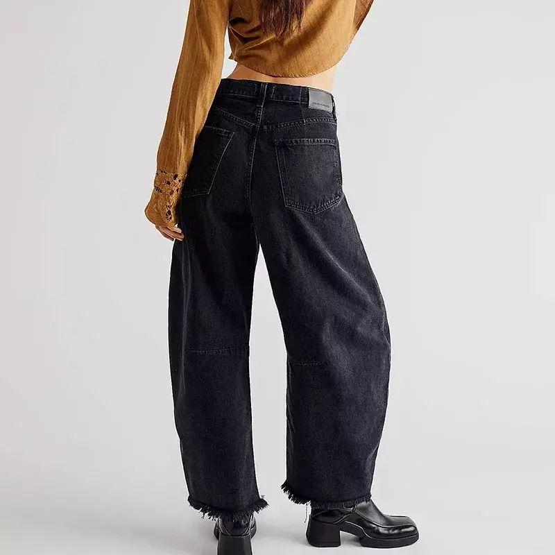 بنطال نسائي غير رسمي بساق مستقيمة ، جينز جديد بساق واسعة أحادي اللون ، بنطال قصير بأزرار عصرية ، ملابس الشارع ، YDL15
