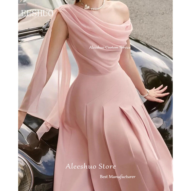 Aleeshuo-فستان سهرة بسيط ، وردي ، كتف واحد ، طوى ، مكشوف الكتف ، مثير ، طول الشاي ، فستان سهرة ، حفلة موسيقية