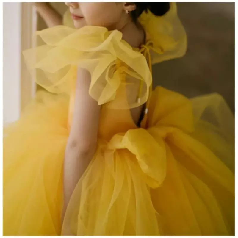 زهرة صفراء فستان فتاة ، رائعة ، كريب ، س الرقبة ، طول الأرض ، طفل ، فتاة صغيرة ، زفاف ، حفلة عيد ميلاد ، حفلة موسيقية ، عطلة