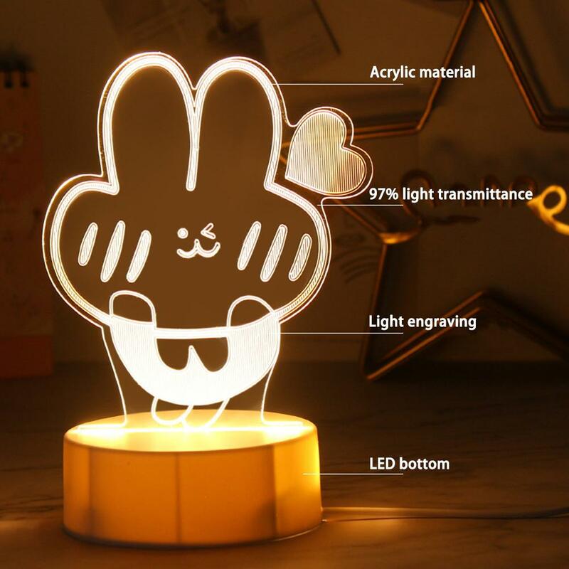ثلاثية الأبعاد Led الاكريليك ضوء الليل الكرتون الحيوان شكل USB قابلة للشحن توفير الطاقة غرفة نوم السرير مصباح ديكور مصباح