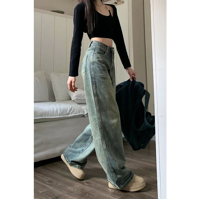 بنطلون جينز فضفاض مستقيم للنساء ، خصر عالي ، جينز واسع الساق فضفاض ، بنطال غير رسمي كامل ، ملابس شارع عتيقة ، Y2K ، جديد ، 90s