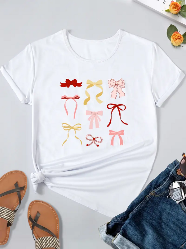 Colorful bow sweet short sleeved casual women's fashion women's pattern T-shirt women's printed summer T-shirt