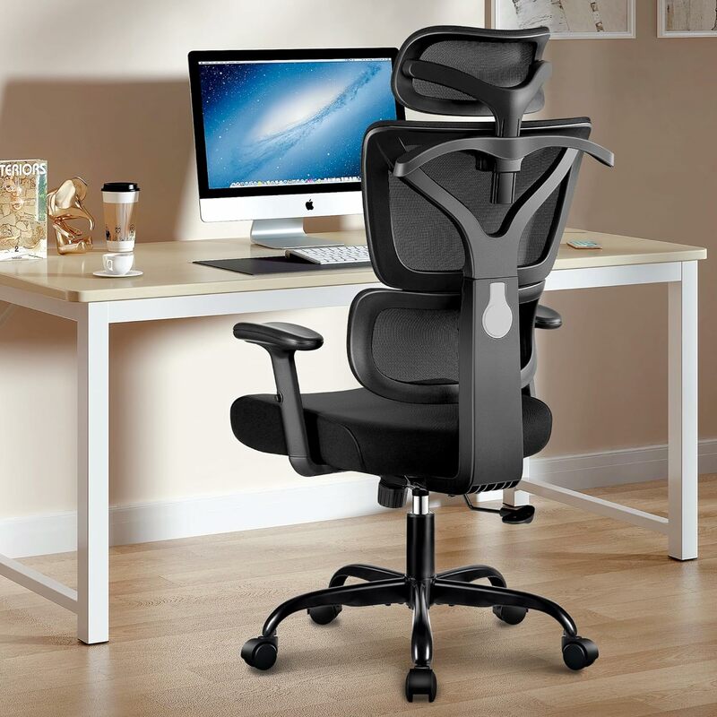 كرسي مكتب شبكي مريح وجيد التهوية مع مسند ذراع قابل للتعديل ، لون أسود ، للمنزل والكمبيوتر