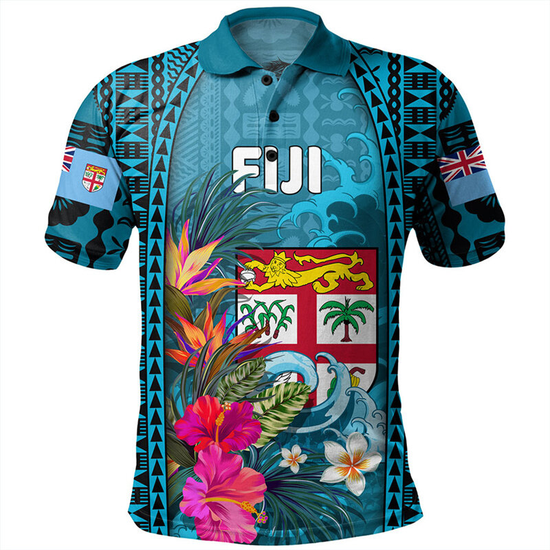 قميص بولو هاواي مطبوع ثلاثي الأبعاد للرجال والنساء ، تيشيرتات بأزرار كاجوال ، أكمام قصيرة ، نمط فيجي ، أزياء بولينيزية ، الصيف