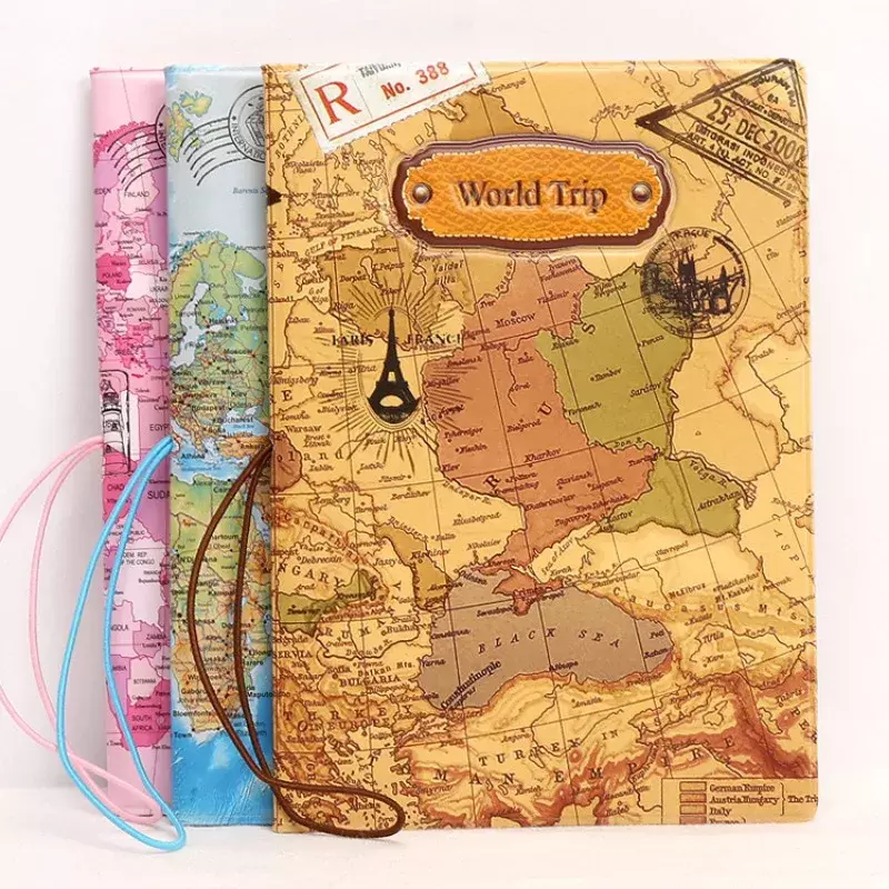 خمر غطاء جواز السفر ل ID و بطاقة الائتمان ، بولي Leather حقيبة جلدية ، تصميم ثلاثية الأبعاد ، رحلة العالم ، الوردي ، الأزرق ، البني ، 14*9.6 سنتيمتر