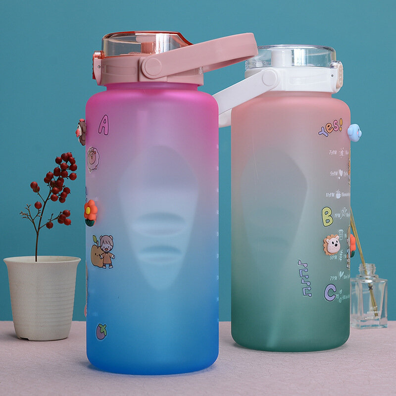 YCALLEY جالون زجاجة ماء 2L توقيت تذكير سعة كبيرة مع غطاء ترتد أجهزة لياقة خارجية الرياضة زجاجات مياه الشرب