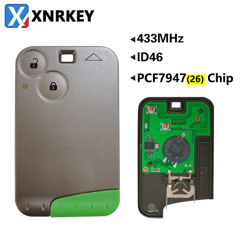 XNRKEY 2 زر مفتاح السيارة عن بعد دخول بدون مفتاح البطاقة الذكية PCF7947/ID46 رقاقة 433Mhz لرينو لاغونا اسبيس 2001-2009 مفتاح ذكي