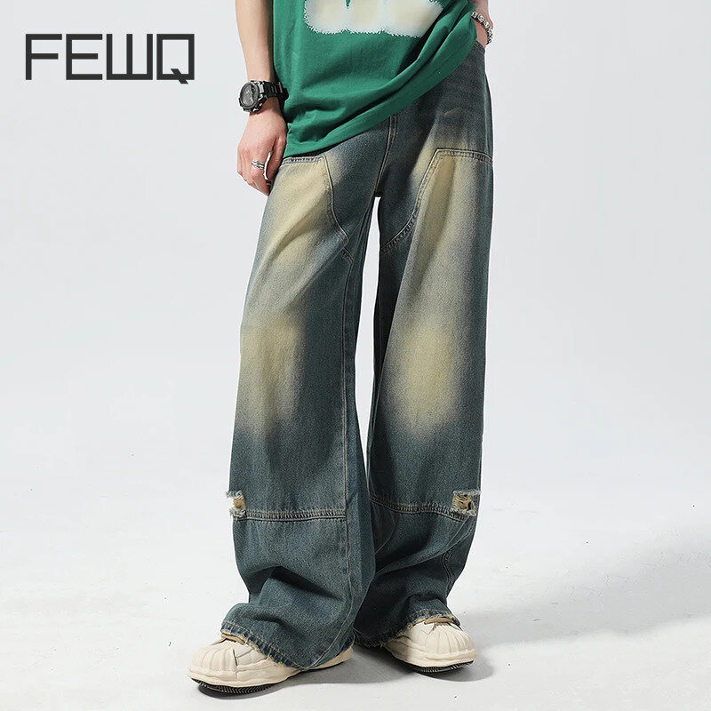 FEWQ-الجينز الرجالي المستقيم العصري ، الدنيم الأمريكية ، فضفاضة كبيرة الحجم ، عارضة الساق واسعة ، سراويل الذكور ، الأزياء الكورية ، 24X9002 ، الربيع