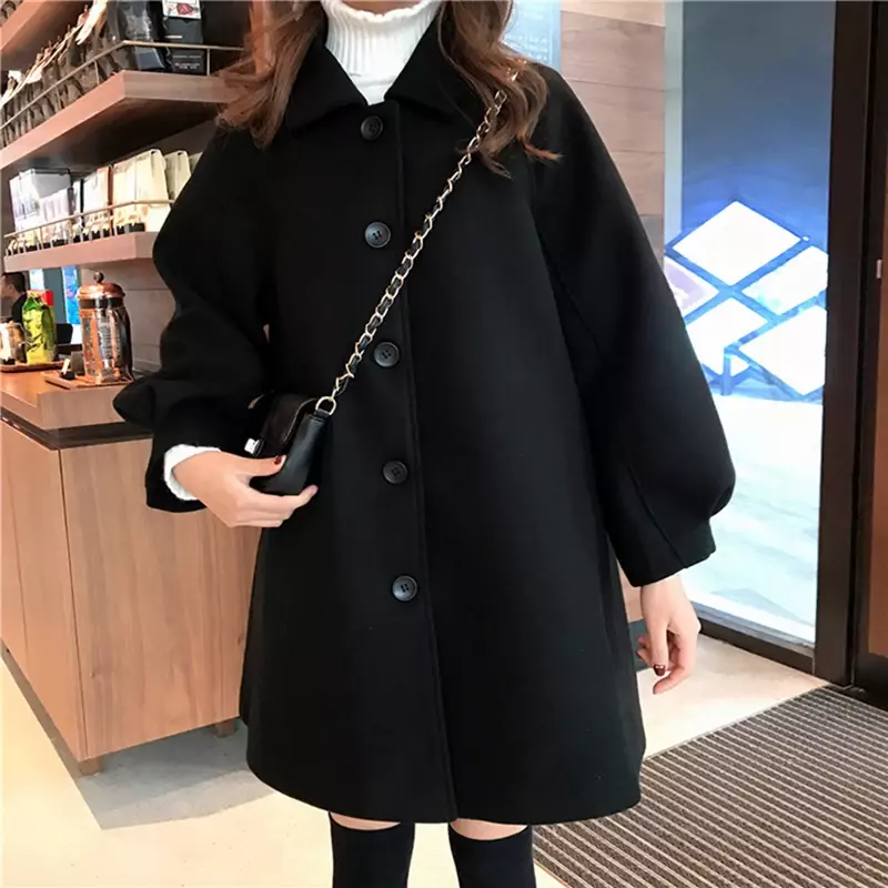 الخريف والشتاء جديد الكورية الصوف معطف المرأة الكلاسيكية كلية نمط واحدة الصدر فضفاضة ضئيلة متوسطة طول الصوف معطف
