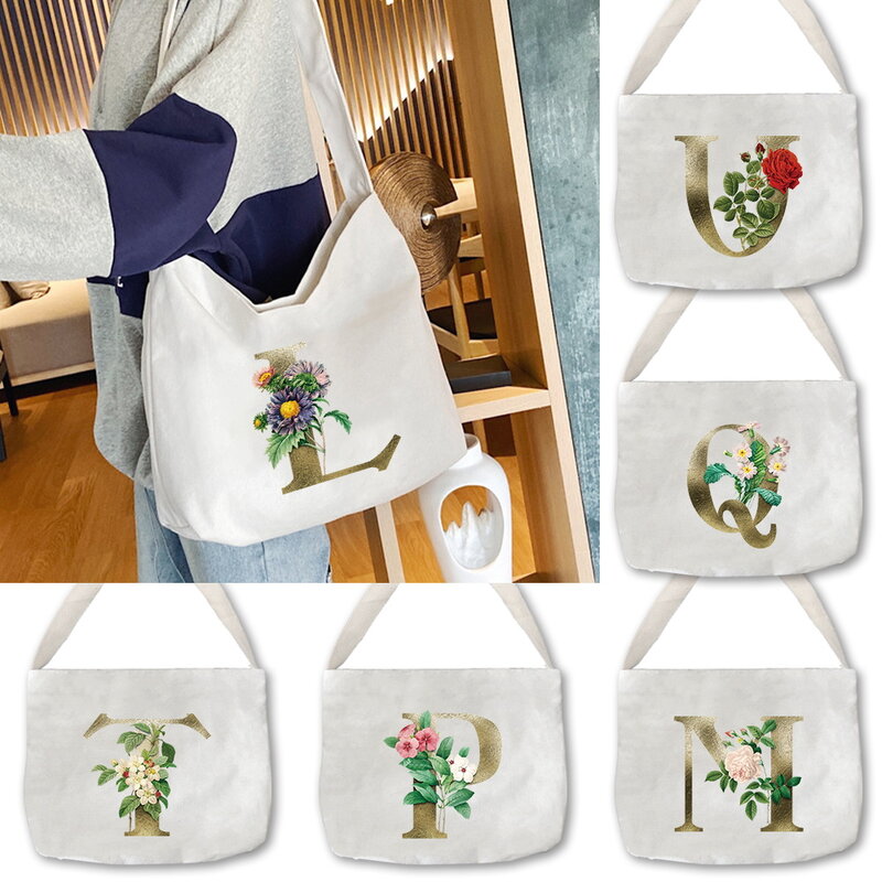 حقائب كتف قماشية بسيطة محمولة للنساء ، حقيبة يد للسفر ، سعة كبيرة ، سلسلة زهور ذهبية ، حقيبة تخزين وتخزين