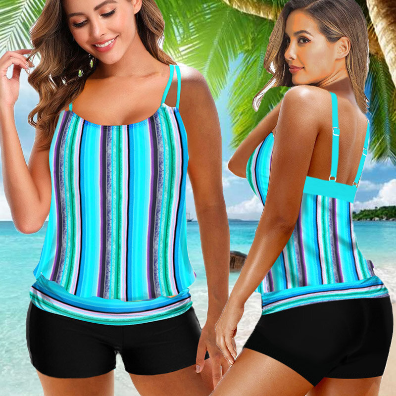 Summer Women Tankini Sexy Monokini Beachwear Stripe Print Swimming Trunks High Waist Two Piece Fashion Swimsuit Loose Swimwear