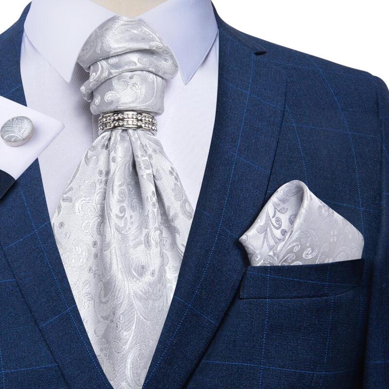الرجال الفاخرة الفضة بيزلي الحرير أسكوت التعادل مجموعة الزفاف Cravat العلاقات البيضاء منديل أزرار أكمام ربطة العنق الدائري مجموعات DiBanGu