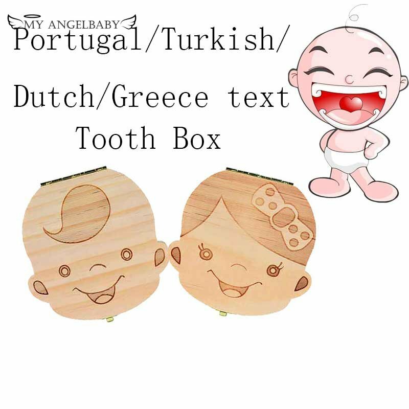 صندوق الأسنان البرتغال/التركية/الهولندية/اليونان/الإنجليزية النص المنظم الحليب الأسنان الخشب تخزين الطفل صندوق الأسنان لصبي فتاة حفظ الأسنان