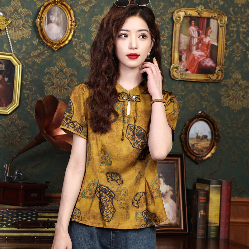 Miiiix-قميص مطبوع على الموضة الصينية للنساء ، بلوزة بأكمام قصيرة ، تناسب الجسم ، ملابس نسائية ، صيف ، جديد ، راقي ،