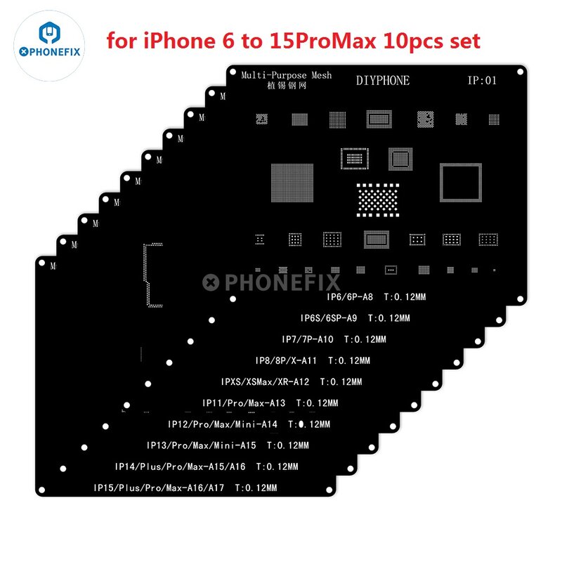 مجموعة استنسل Diyphone-bga ، فولاذ أسود ، لـ iphone 15 ، 14 ، 13 ، 12 ، 11 ، x ، 8 ، 7 ، 6 ، cpu ، رقاقة ic ، شبكة لحام
