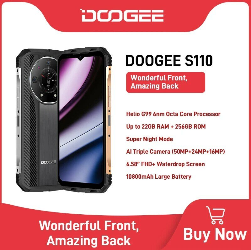 هاتف DOOGEE S110 من العرض العالمي الأول هاتف قوي بشاشة 6.58 بوصة FHD قطرة الماء Helio G99 ثماني النواة 66 واط شحن سريع بطارية 10800 مللي أمبير في الساعة