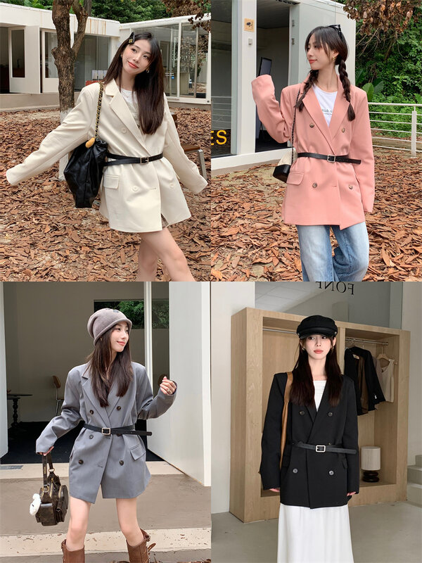 فضفاضة مزدوجة الصدر دعوى معطف للسيدات ، والأزياء الكورية ، السترة أنيقة ، الخريف والشتاء