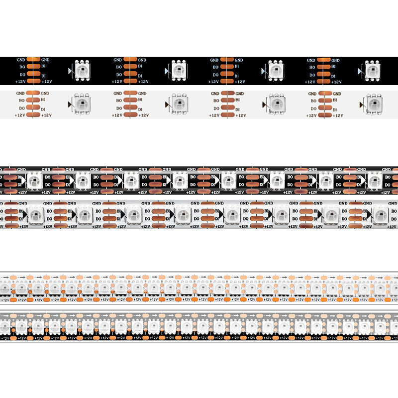 شريط إضاءة ليد بكسل قابل للعنونة ، أبيض ، أسود ، بي بي ، WS2812B ، ks ، SK6812 ، RGBW ، RGBWW ، SMD5050 ، 4 في 1 ، 60 مصباح لكل متر ، IP30 ، IP65 ، IP67