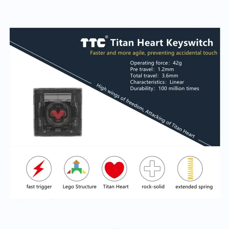 TTC-تيتان القلب لوحة المفاتيح الميكانيكية, خطي, مخصص, الحب, أسود, شفاف, 42g, 5 دبابيس, Lubed, Gild طويل, مفتاح الربيع