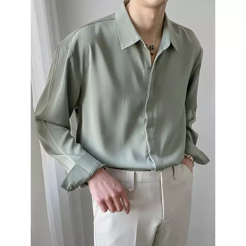 قميص من الحرير الجليدي بأكمام طويلة للرجال ، زر مخفي ، قمصان أعمال ثنيات ، جودة عالية ، بلون واحد ، موضة فضفاضة ، فاخرة