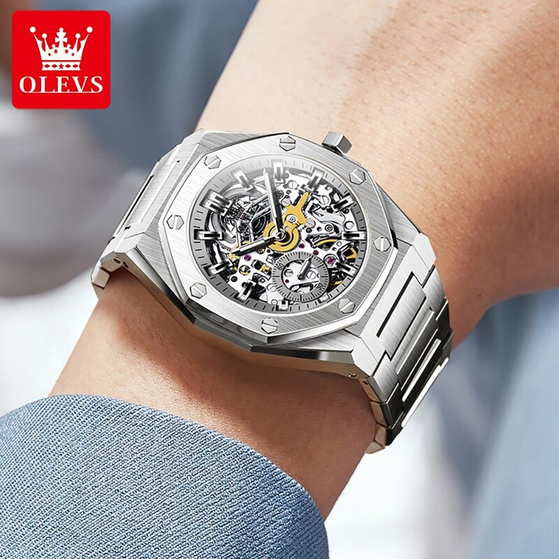 ساعة OLEVS أوتوماتيكية مجوفة بالكامل للرجال ، ساعة يد ميكانيكية من الفولاذ المقاوم للصدأ ، فاخرة للغاية ، عالية الجودة ، أصلية ، جديدة