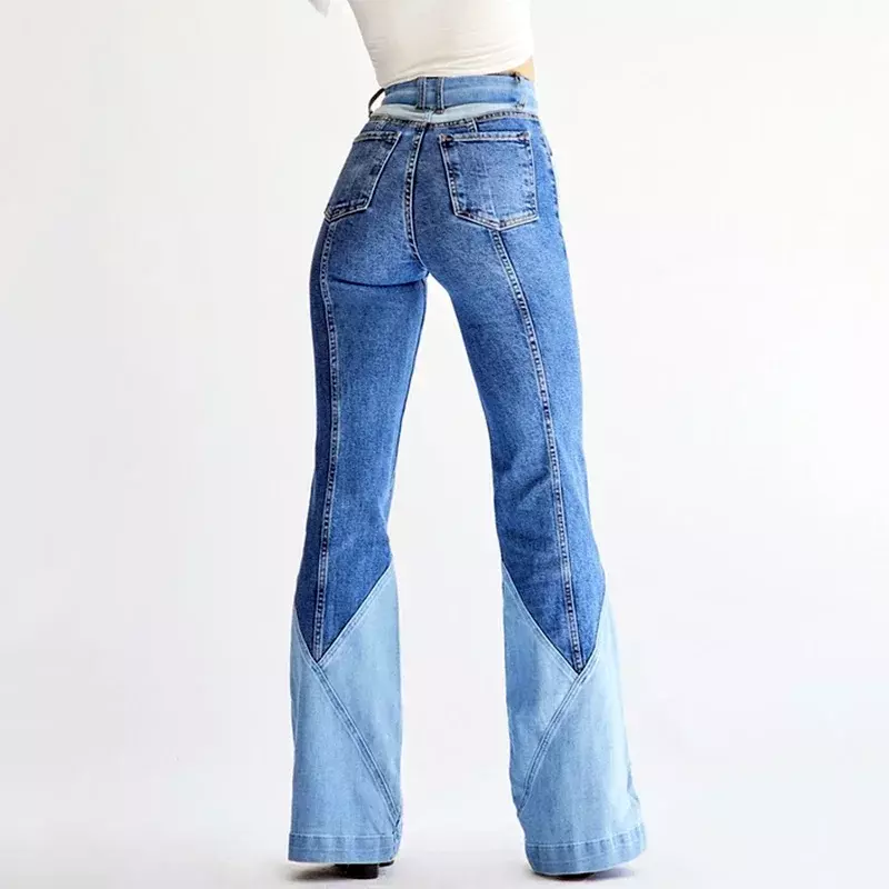 بنطلون جينز نسائي عالي الخصر مع حزام جيب ، جينز مثير ، نحيل ، خياطة بلونين ، جينز صديق ، كتلة ألوان