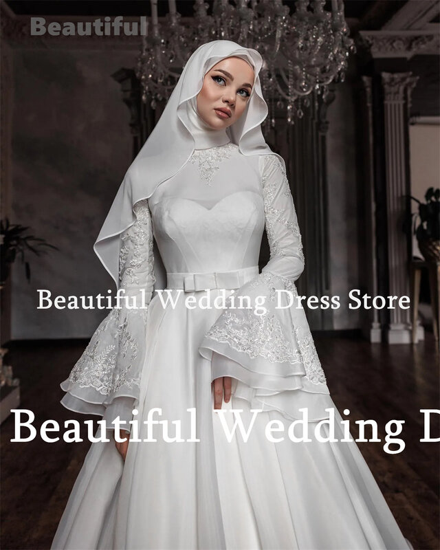 فستان زفاف إسلامي للنساء ، مزخرف بالدانتيل ، حرف A-line ، بطول الأرض ، ثوب زفاف عربي ، فستان حفلة فاخر
