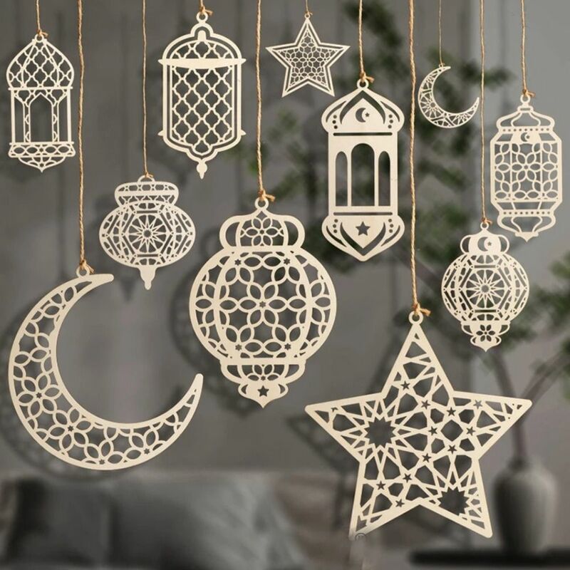 عيد مبارك زخارف خشبية معلقة ، رمضان كريم ، ديكور منزلي إبداعي ، قلادة نجمة قمر مجوفة تصنعها بنفسك