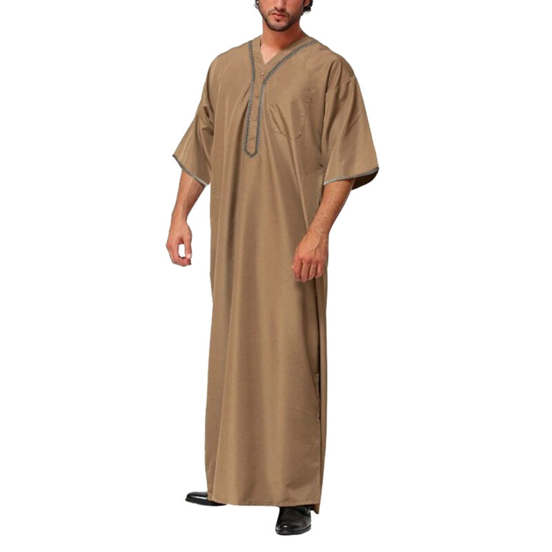 قميص رجالي إسلامي من Jubba Thobe بلون سادة بزر كيمونو متوسط الرداء السعودي Musulman ياقة قائمة قفطان عربي إسلامي للرجال عباية