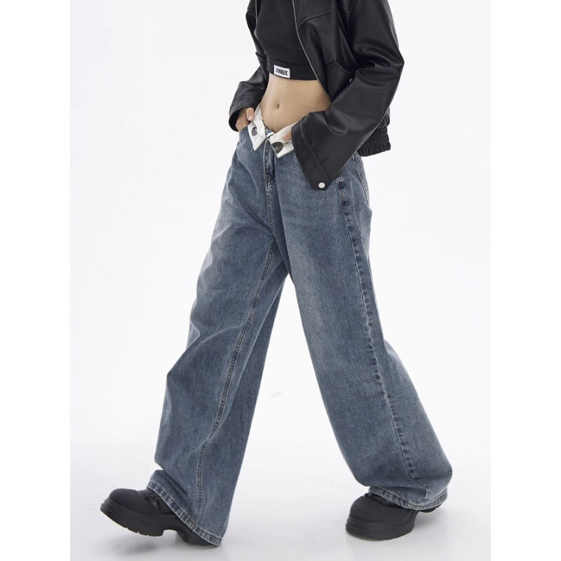 بنطلون جينز عتيق عالي الجودة للنساء ، موضة كورية للشارع ، جينز بخصر قابل للطي ، أزرق ، بتصميم تحسس ، أنيق ، خريف