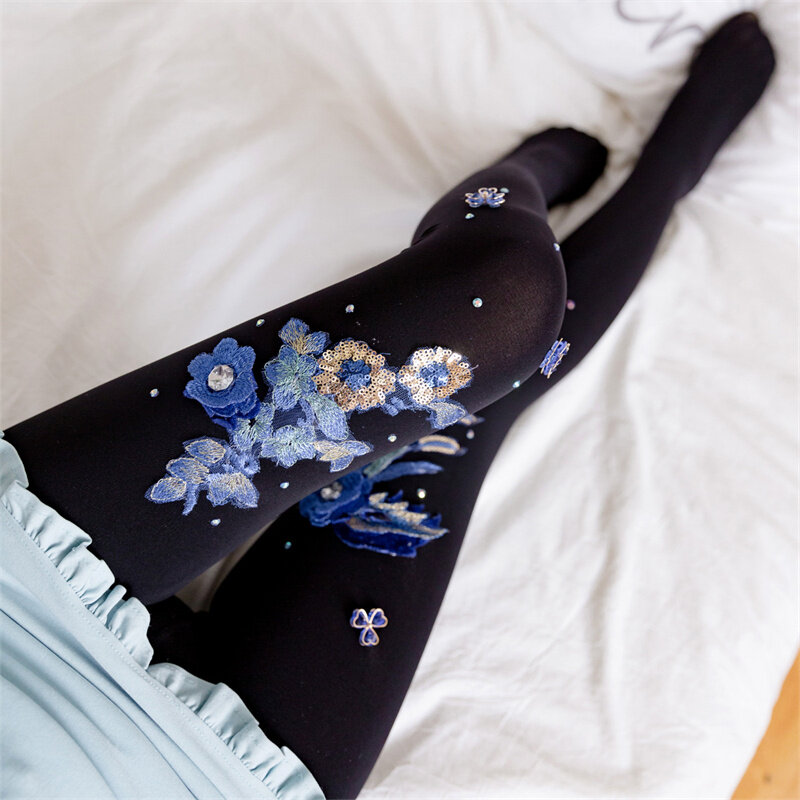 مثير المرأة سيدة كامد جوارب طويلة جوارب الحرير رقيقة فستان حفلة التطريز الزهور نمط Bluelover نمط الجوارب شفافة