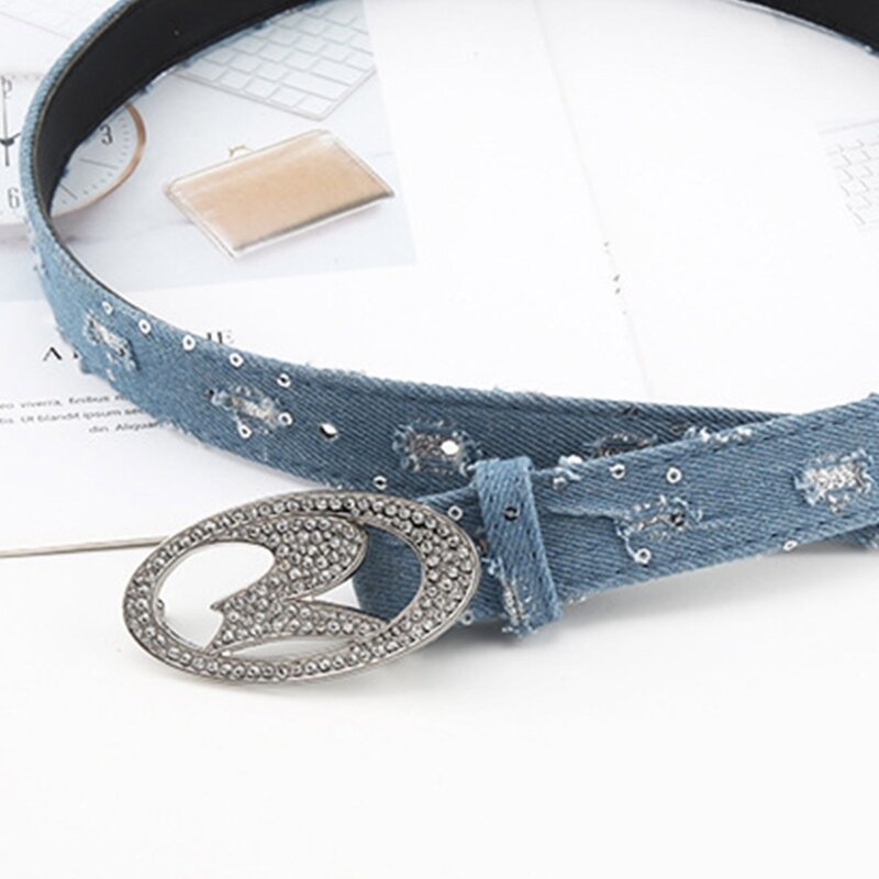 حزام خصر جينز مع مشبك بيضاوي من حجر الراين للنساء بنطلونات تنورة الديكورات دروبشيب