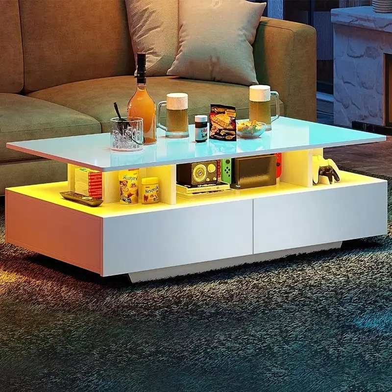 طاولة قهوة LED مع مخزن ، طاولات قهوة عالية اللمعان لغرفة المعيشة ، طاولة مركزية صغيرة مع رف عرض مفتوح