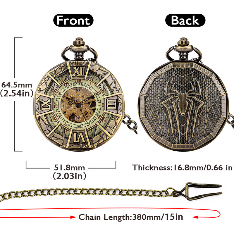 العتيقة العنكبوت ساعة الجيب البرونزية التلقائي قلادة سلسلة فوب ساعة الأرقام الرومانية الطلب ريترو الزفاف الذكرى المقتنيات