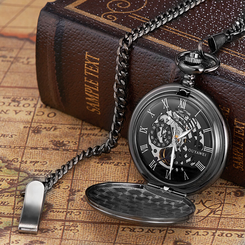 الكلاسيكية ساعة الجيب الميكانيكية الرجال Steampunk خمر الفولاذ المقاوم للصدأ اليد الرياح فوب الساعات الفضة الذهب الأسود قلادة الساعات