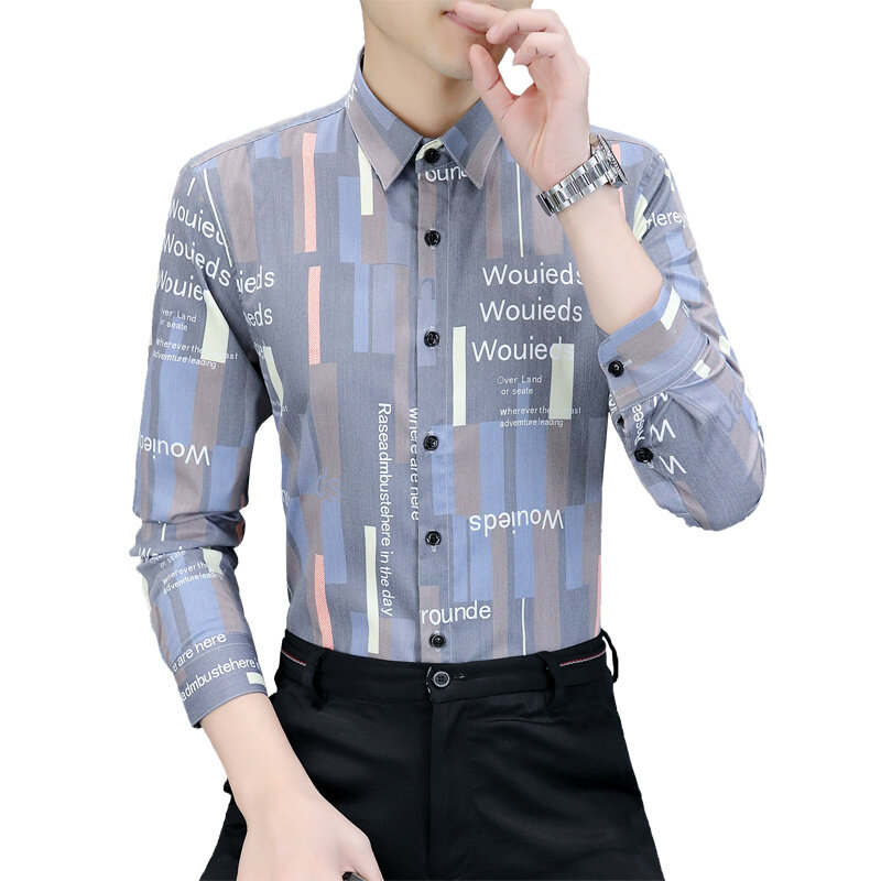 مخطط قميص الرجال بأكمام طويلة النسخة الكورية ربيع الخريف الاتجاه وسيم غير الكي الشباب رجل غير رسمي دروبشيبينغ