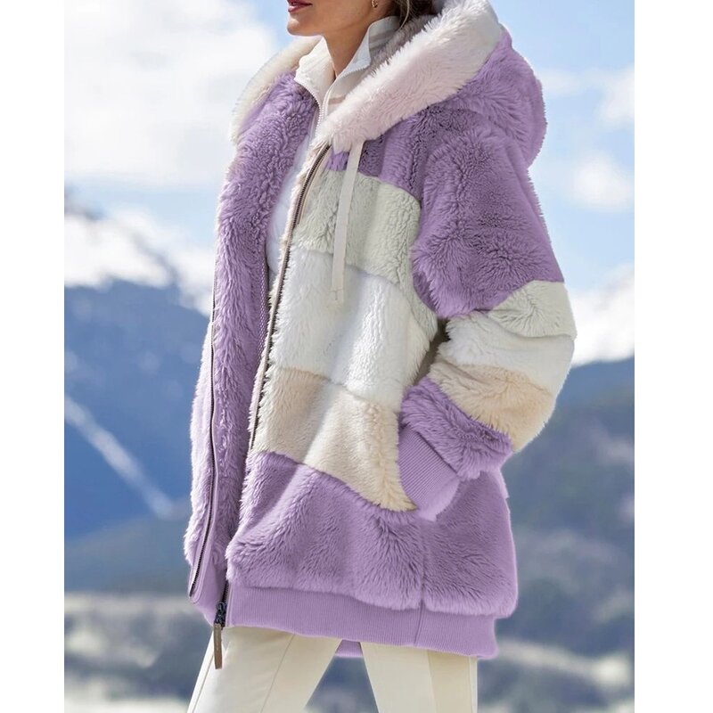 معطف المرأة سميكة الكشمير مقنعين مع سستة ، خياطة منقوشة سترة ، معاطف السيدات ، تقسم ، والأزياء ، والشتاء ، 2023