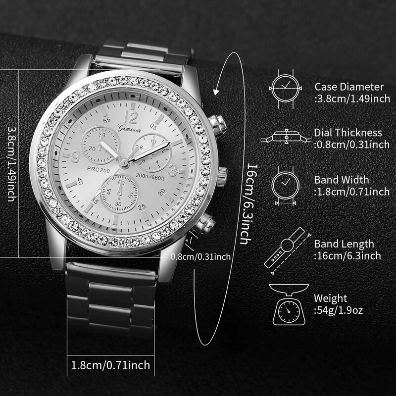 ساعة كوارتز من الفولاذ المقاوم للصدأ ومجموعة مجوهرات من الخرز الفضي للنساء ، لون فضي ، أزياء