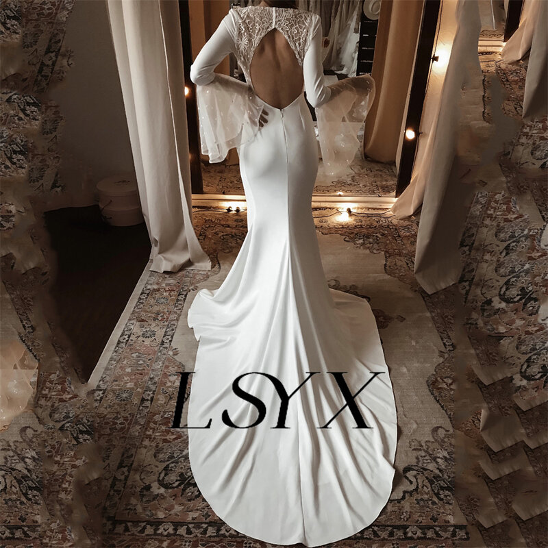 فستان زفاف LSYX-V-Neck بأكمام طويلة مضيئة للنساء ، كريب ، مطرز ، قطع الظهر ، ذيل محكمة ، حورية البحر ، فستان الزفاف ، مصنوع حسب الطلب