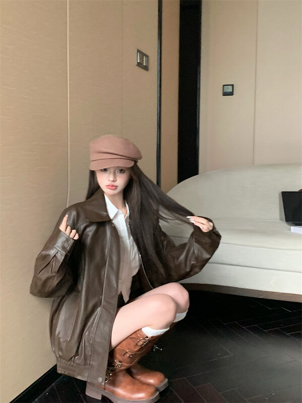 بولي PU سترة جلدية فو للفتيات ، معطف Vintage ، تصميم فضفاض ، بأكمام طويلة ، سستة حتى ، أزياء Boyfriend ، الكورية