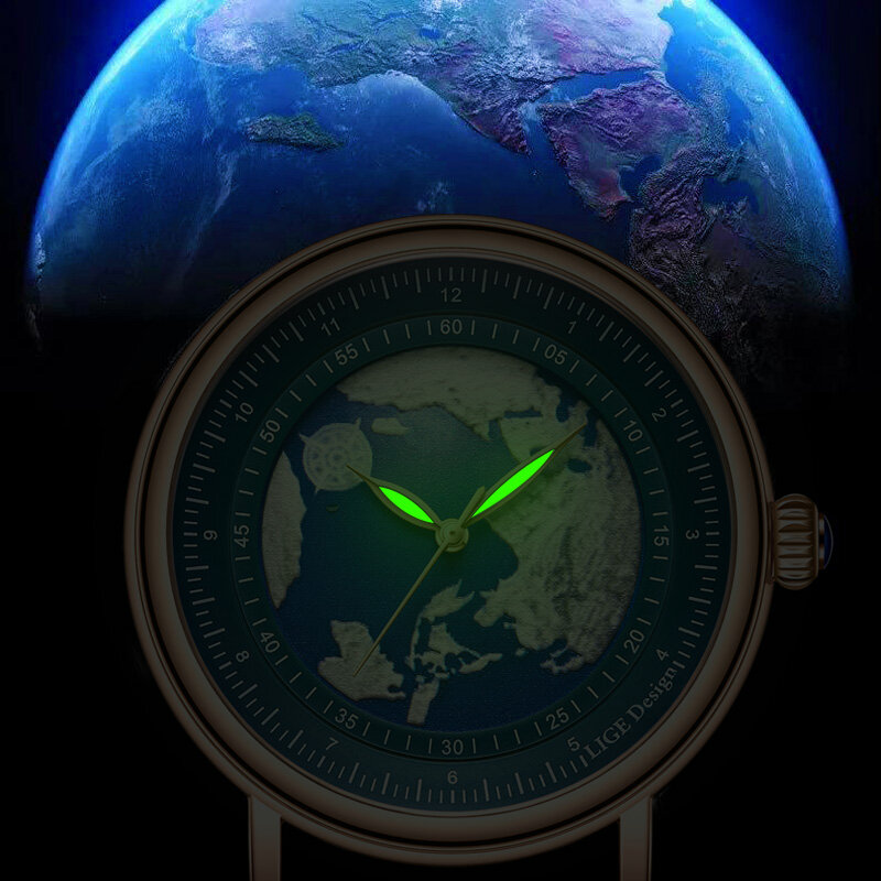 LIGE رجالي ساعات موضة الأزرق كوكب الإبداعية الأرض كوارتز ساعة اليد جلدية الرياضة ساعة للرجال ساعة Relogio Masculino + صندوق