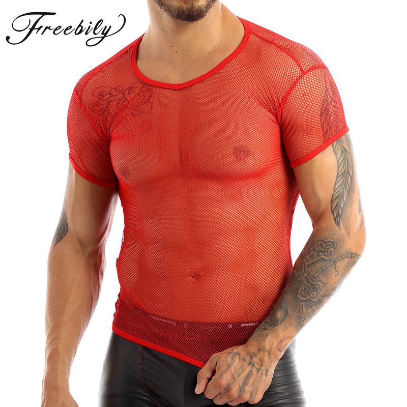 تي شيرت شبكي للياقة البدنية للرجال مثيرة وشفافة للمثليين قميص بدون أكمام قميص نادي بدون أكمام