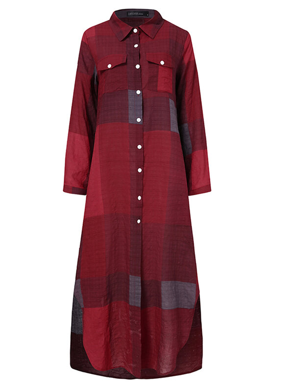 ZANZEA موضة 2023 قميص نسائي طويل بأكمام طويلة للخريف فستان طويل منقوش للخريف فساتين