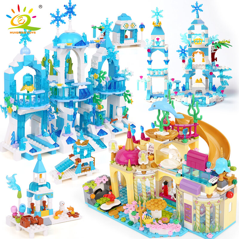 HUIQIBAO أصدقاء الجليد القلعة الأميرة الملكة اللبنات وحدات الطوب مجموعة للبنات منزل قصر الأطفال ألعاب البناء