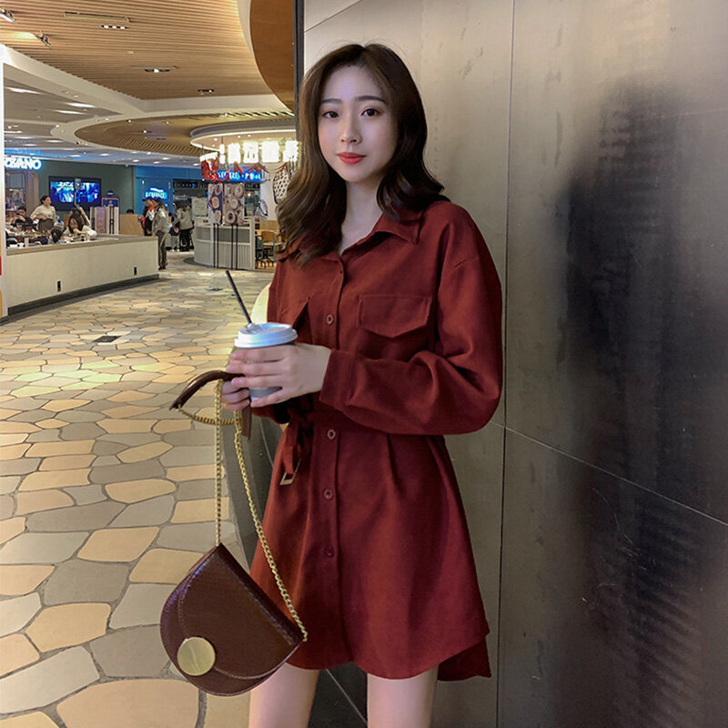 خريف 2021 معطف طويل الأكمام الكورية المرأة التلبيب واحدة الصدر ضئيلة الخصر سترة أنيقة موضة مع حزام قميص فستان