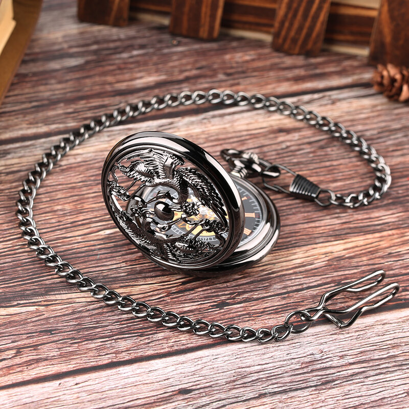 الفاخرة ساعة جيب الميكانيكية الأسود الجوف مزدوجة رافعة ساعة جيب es الأرقام الرومانية الطلب قلادة ساعة هدايا للرجال النساء