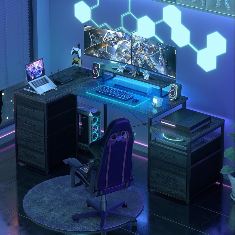 مكتب على شكل حرف L مع أدراج ملفات ، مكتب كمبيوتر قابل للعكس مع منافذ طاقة وأضواء LED ذكية ، مكتب مكتب كبير ، 71"