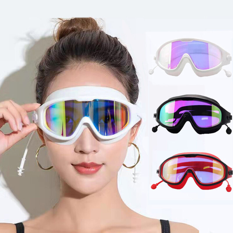 كبيرة الإطار نظارات الوقاية للسباحة عالية الوضوح نظارات مع سدادات مقاوم للماء مكافحة الضباب نظارات الوقاية للسباحة الكبار نظارات الوقاية للسباحة