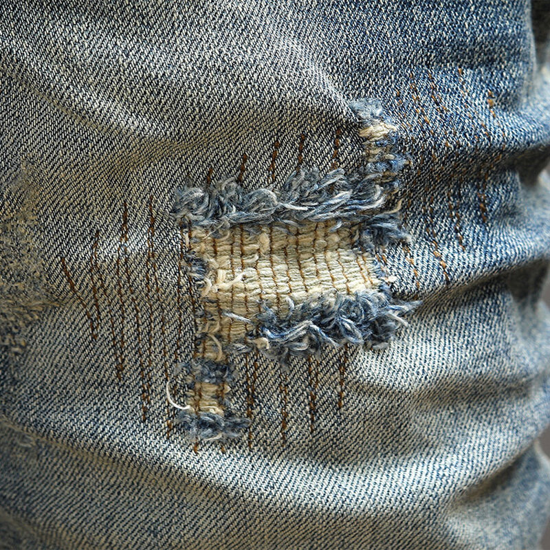 سراويل جينز عصرية للرجال بتصميم عتيق من أحدث الموديلات باللونين الأزرق الكلاسيكي بنطال جينز ممزق مرن ضيق مناسب للرجال سراويل دينم غير رسمية للرجال