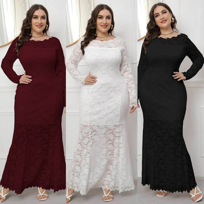 Summer And Autumn Hollow Dress Large Size Women's New Lace Fishtail Dress European And American Evening Dress Long Skirt